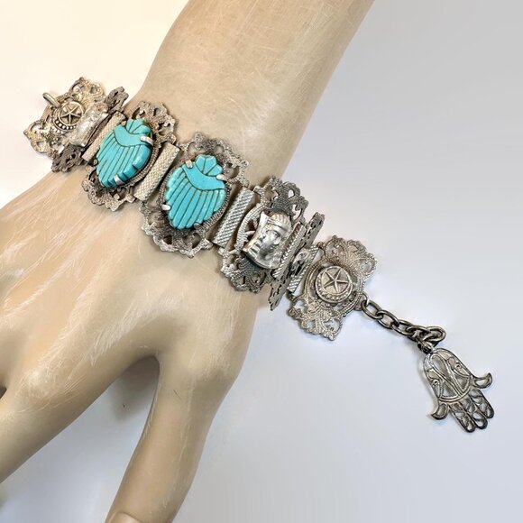 Vintage Egyptian Revival Bracelet: Turquoise Scarabs Art Deco Panel Filigree - Picture 3 of 5